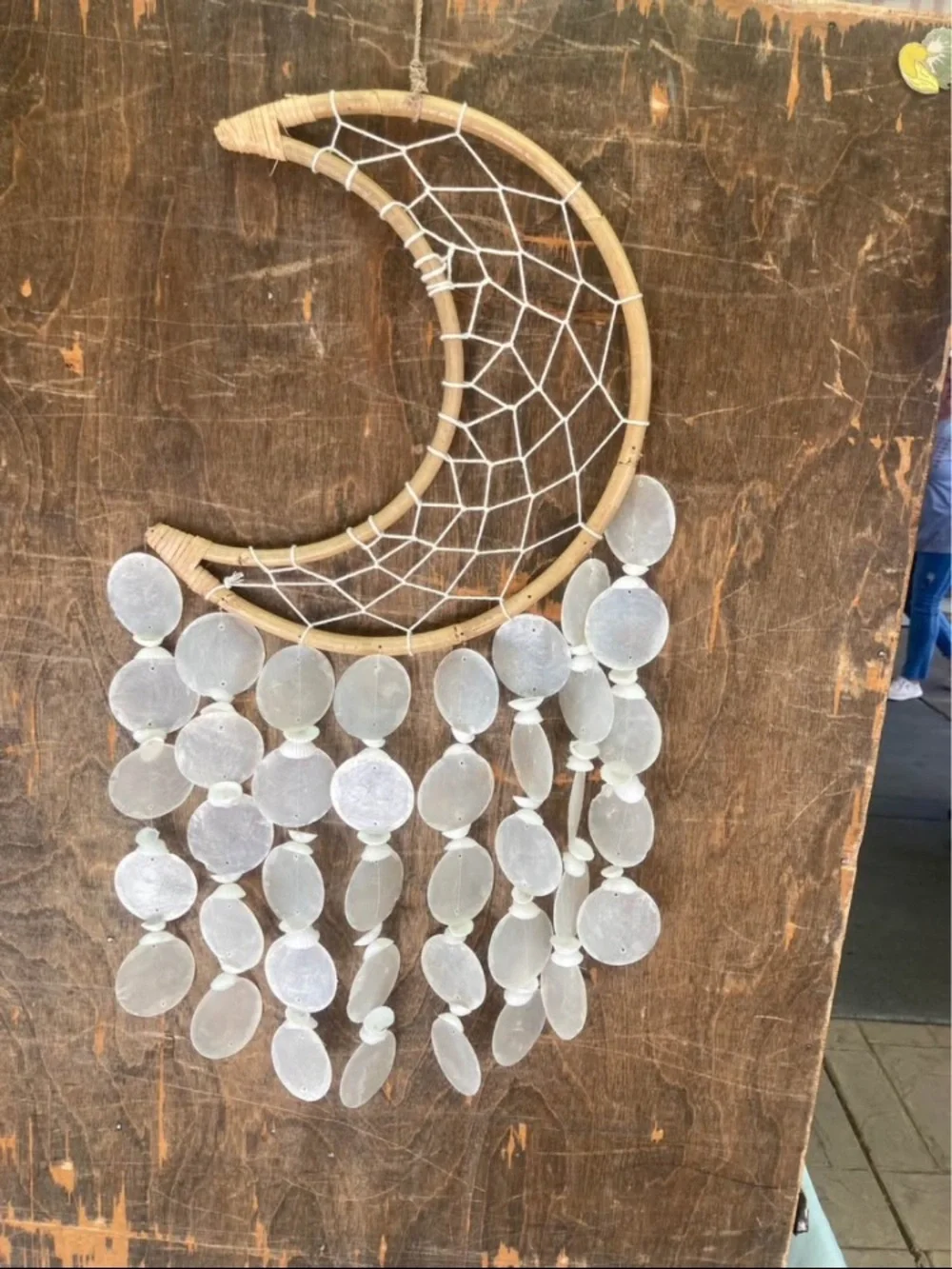Moon-Shaped Capiz and Rattan Wall Hanging - White
